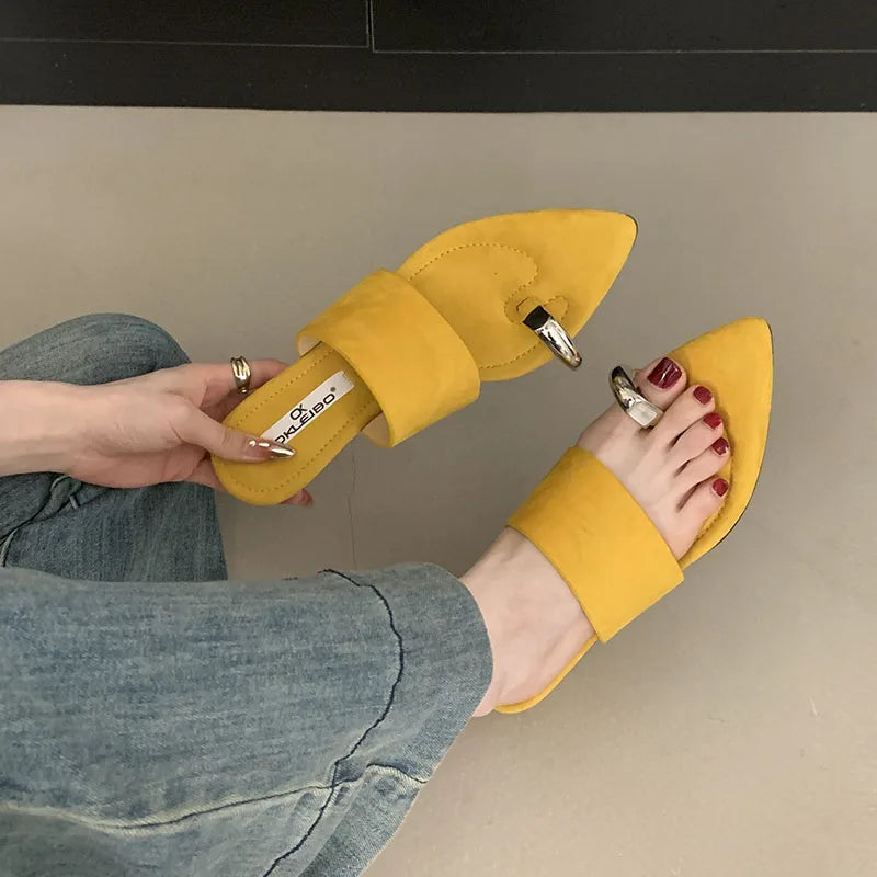 Metal Wedges Slippers Slides Sandals Flip flops Pointed Toe Heeled Slippers Wedges Shoes