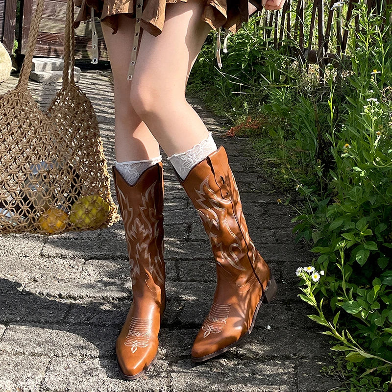 Vintage Western Cowboy Boots Slip On Thick Heel Shoes Embroidery Knight Botas