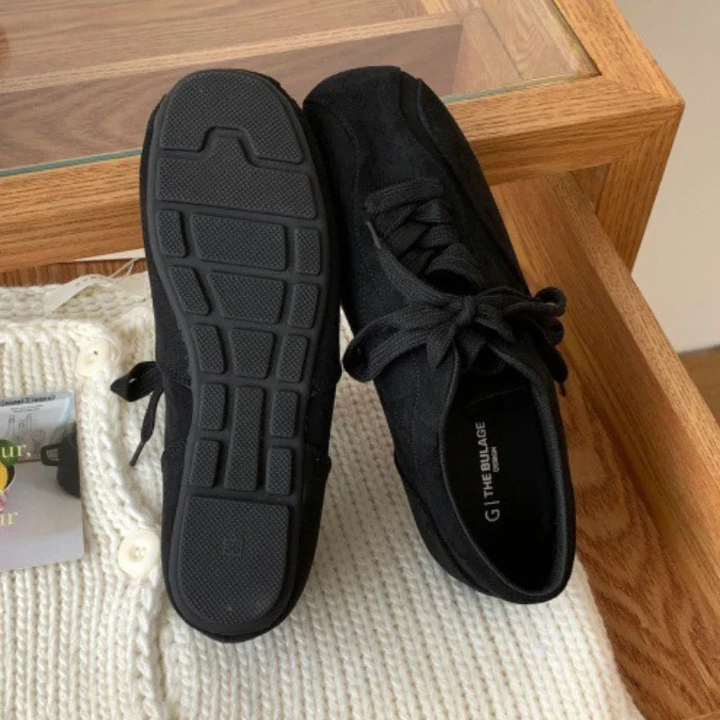 Suede Retro Lace Up Casual Flat Shoes Comfort Shallow Footwear Brown Brand Ballet Sneakers