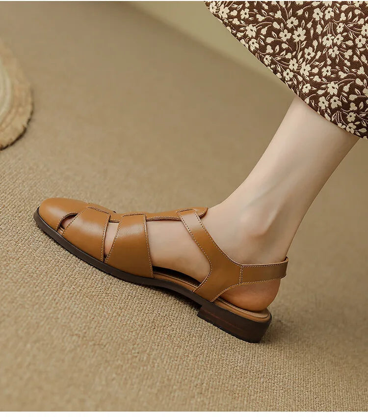 Sandals Low Thick Heel Genuine Leather Hook and Loop Back Strap Casual Sandals Solid Color Shoes