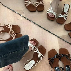 Kitten High Heels Open Toe Sandals Cross Narrow Band Low Slippers Stylish Comfortable Multi-work Shoes Flat Heels