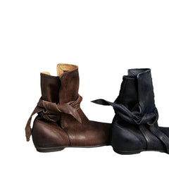 Genuine Leather Butterfly Knot Wrapped Strap Short Ankle Boots Polished Color Distressed Flat Bottomed Bare Shoes