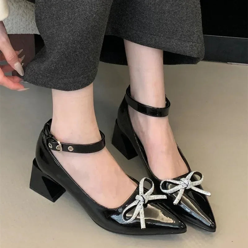 Rhinestone Bow Decorated High Heels Black Slingback Buckle Design Covered Heel Pointed Toe Mary Jane Shoes