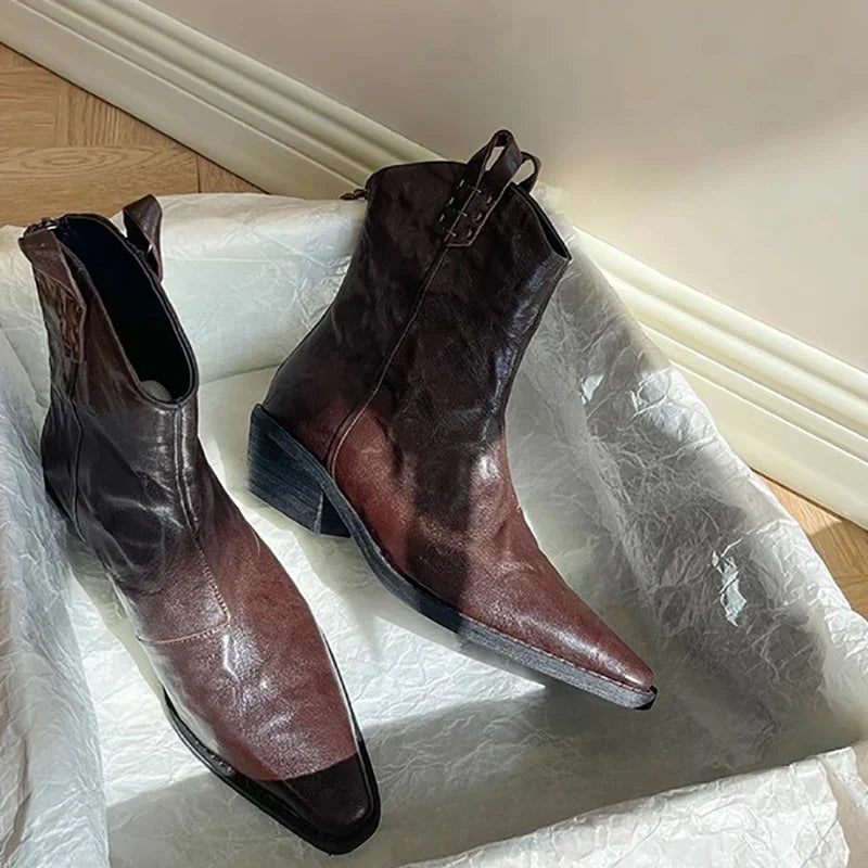 Pointed Toe Back Zipper Ankle Boots Thick High Heels Shoes Boots Cowboy Western Boots Botas de mujer