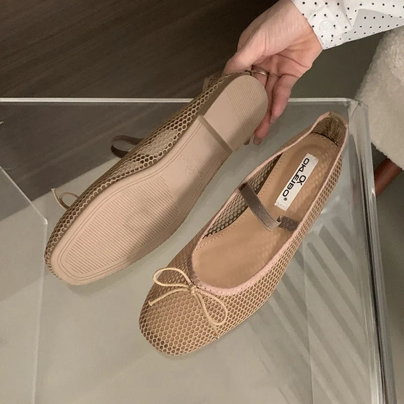 Mesh Breathable Mary Janes Flats Shoes Butterfly-Knot Footwear Ballet Flats Dance Shoes