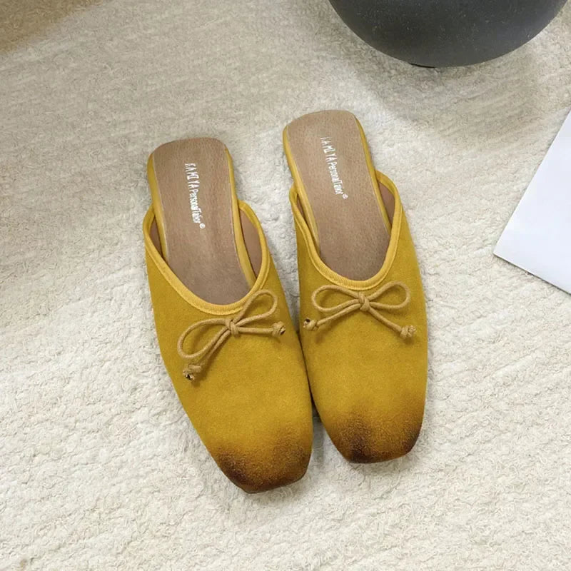 Mixed Color Bow Satin Square Toe Flat Slippers Comfortable Casual Shallow Elegant Mule Shoes Zapatillas De Mujer