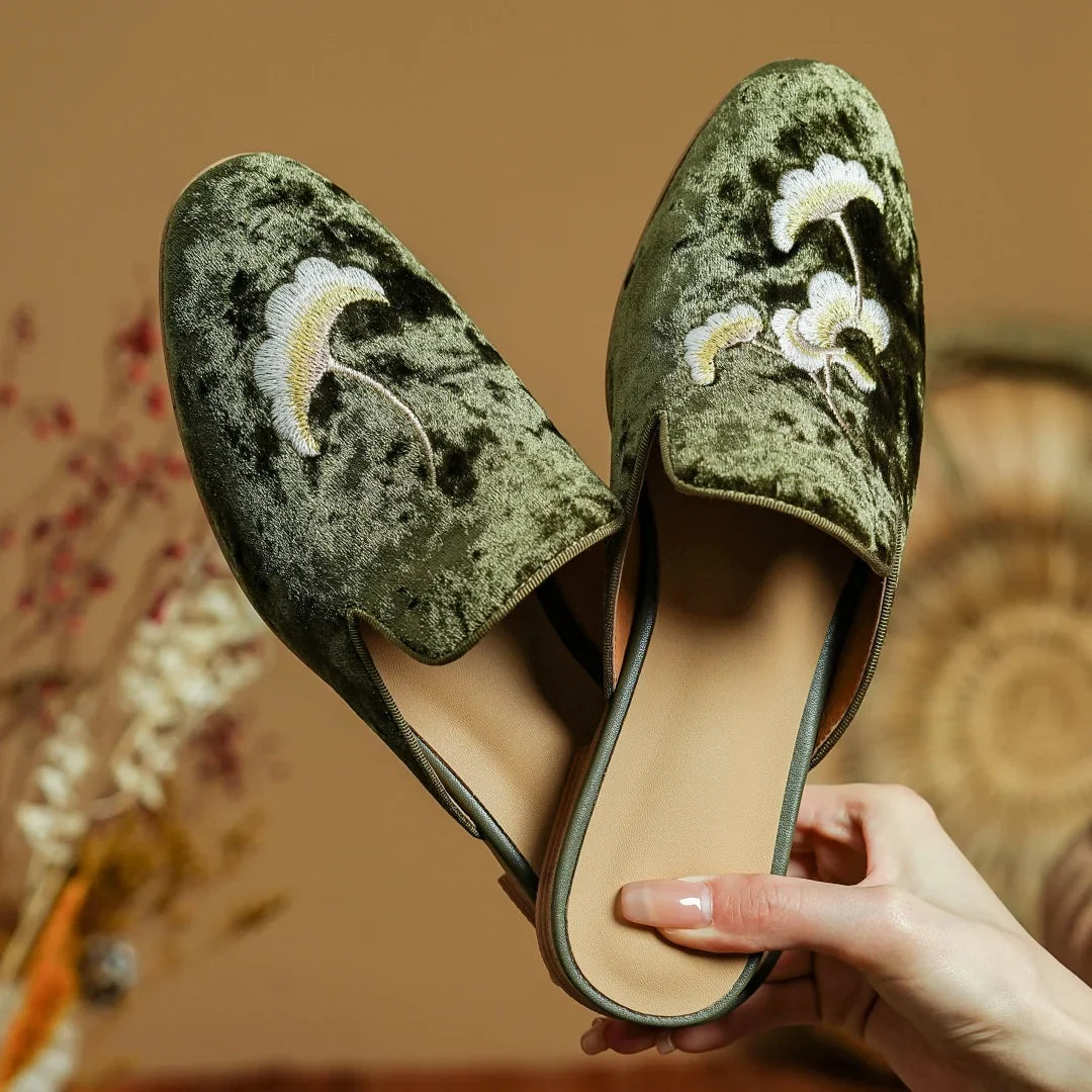embroidery velvet slip-on flats mules round toe pigskin inside sheepskin insole casual sandals shoes woman