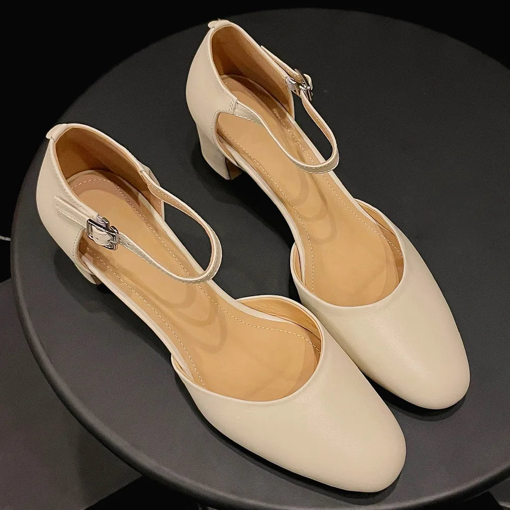 genuine leather 4.5cm thick med heel round toe ankle strap sandals elegant soft comfortable