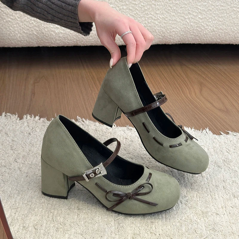 Thick Heel Mary Jane Shoes Rhinestone Buckle Strap Shoes Outdoor Elegant Dress Pumps