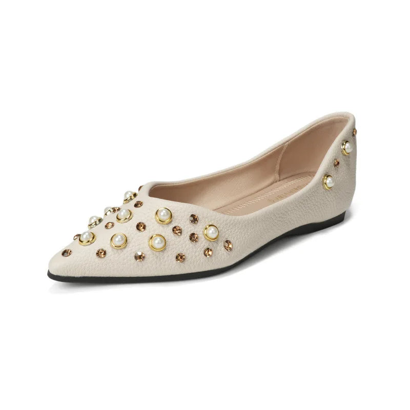 Pearl Rhinestone Decoration Flat Shoes Soft Leather Pointed Toe Ballet Flats Comfort Commuter Office Mary Jane Loafers