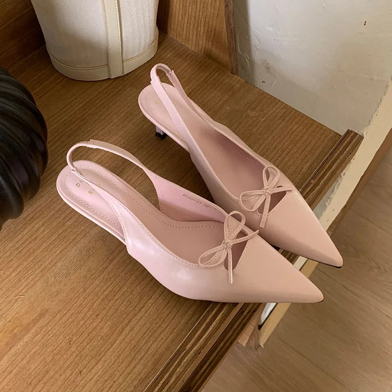 Butterfly-Knot Medium Heels Pumps Shoes Slip Pointed Toe Thin Heels Sandals Shoes