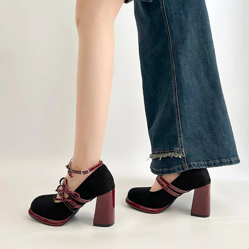 Thick Heel Mary Jane Shoes Butterfly-knot Buckle Strap Shoes Elegant Party Dress Pumps