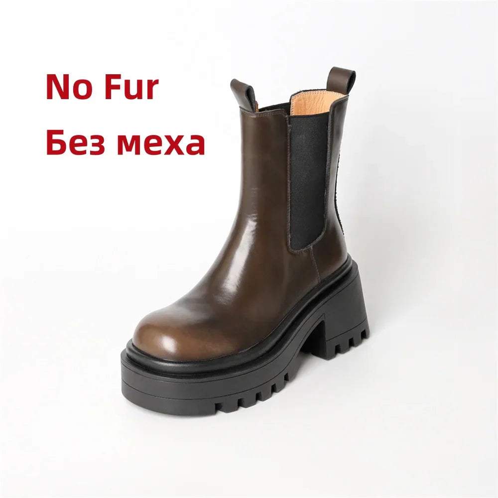 Platforms Ankle Boots Genuine Leather Thick Sole Ankle Punk Motorcycle Shoes Combat Booties
