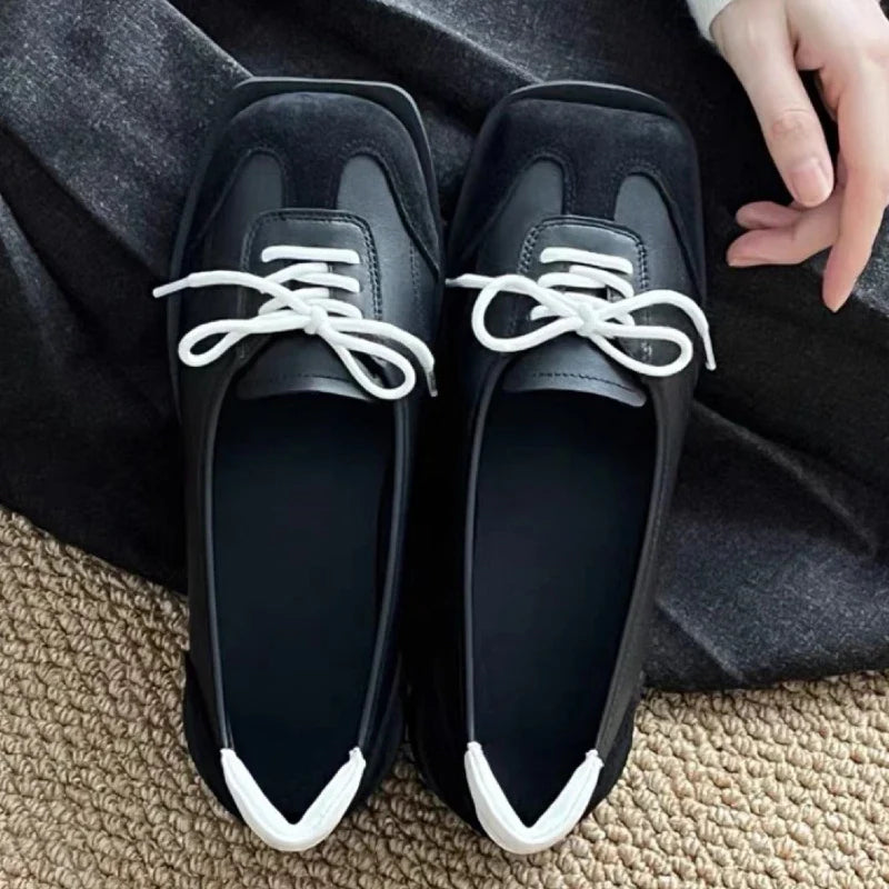 Novelty Lace Up Ballet Sneaker Flats Square Toe Splicing Design British Style Mary Jane Shoes Cozy Non-Slip Pumps
