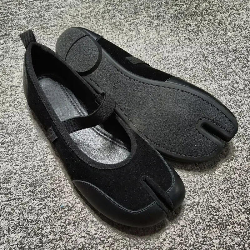 Split toe Faux suede Patchwork Tabi Ballet Flats Mary Janes Walking Loafers Casual Girls Dance Shoes