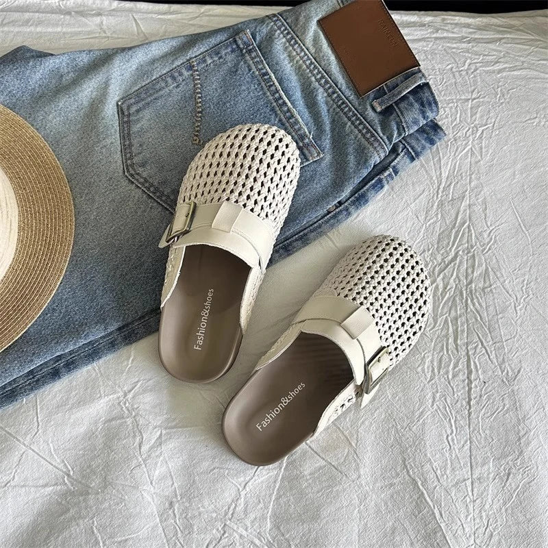 Mesh Platform High Heels Weave Slippers Hollow Sandals Mules Woman Fad Beach Loafers Slides Dress