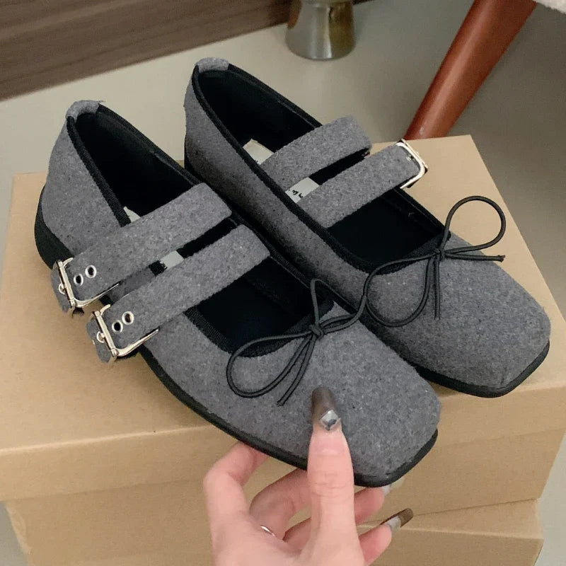 Simple Soft Bottom Buckle Flat Mary Jane Shoes Comfortable Bowknot Square Toe Shoes Backless Loafer Shoes