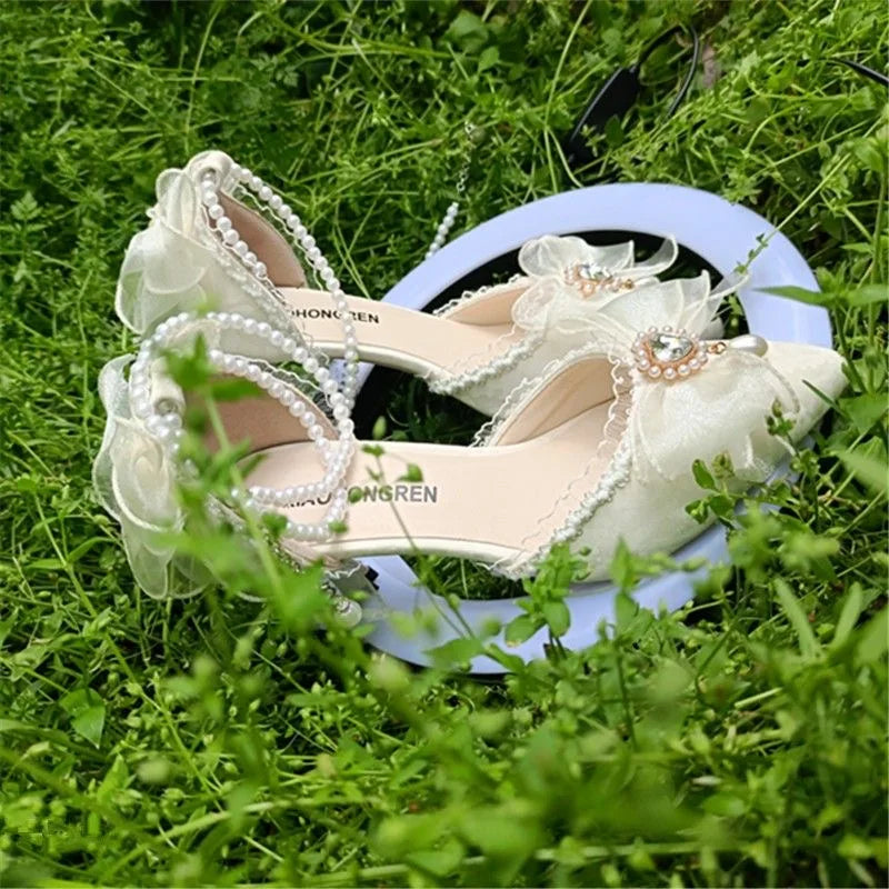 Elegant Woman Heels Lolita Y2k Mary Jane Shoes Black Heart Pearl Shoes Sandals