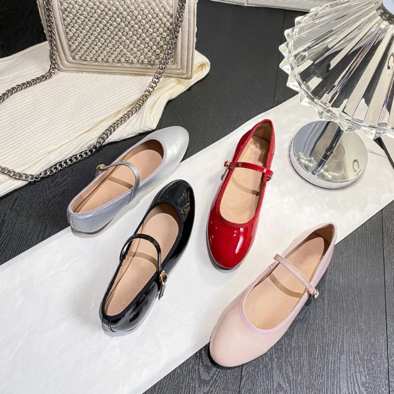 Shiny PU Leaather Flats Mary Janes Shoes Red Elegant Basic Pointed Toe Loafers Daily Casual Black Shoes