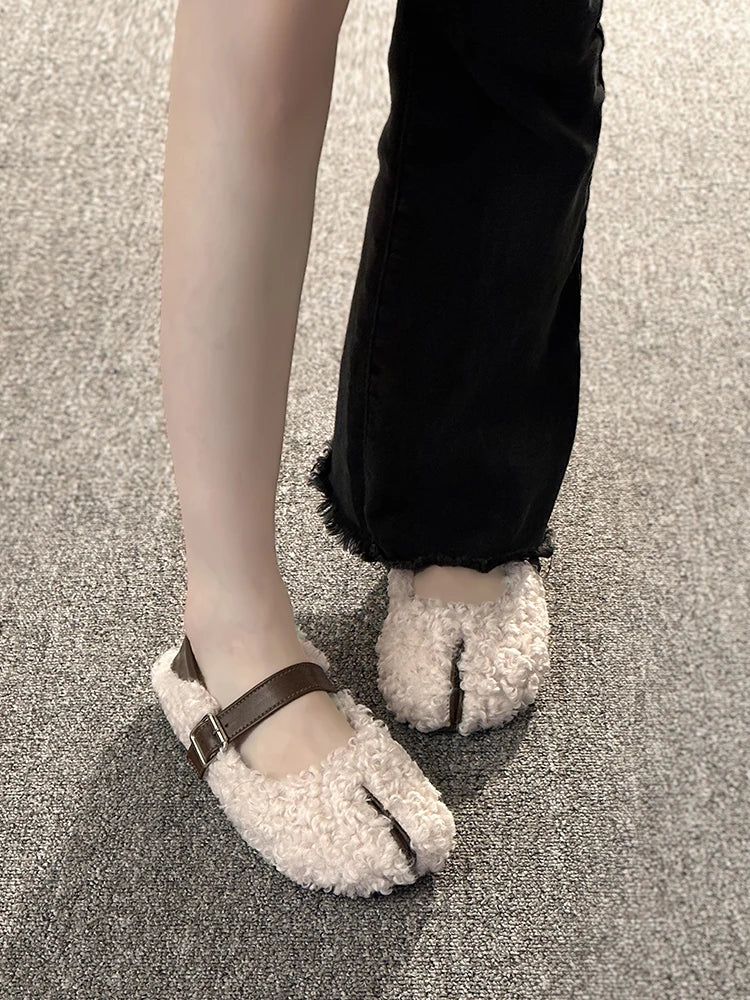 Shoes Woman Flats Loafers Fur Round Toe Casual Sneakers Dress Moccasin Fall Leisure Buckle Strap Flock Rubb