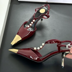 Metal Pointed Toe Stiletto Sandal Pearls Strap Buckle High Heels Party Prom Shoes