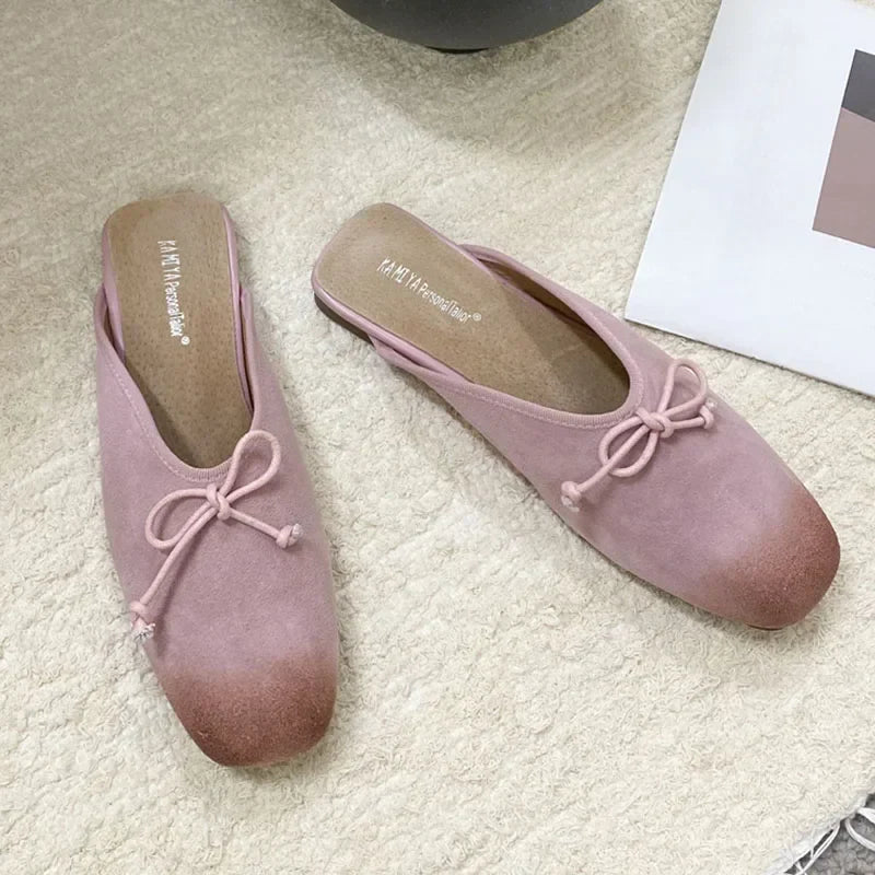 Mixed Color Bow Satin Square Toe Flat Slippers Comfortable Casual Shallow Elegant Mule Shoes Zapatillas De Mujer