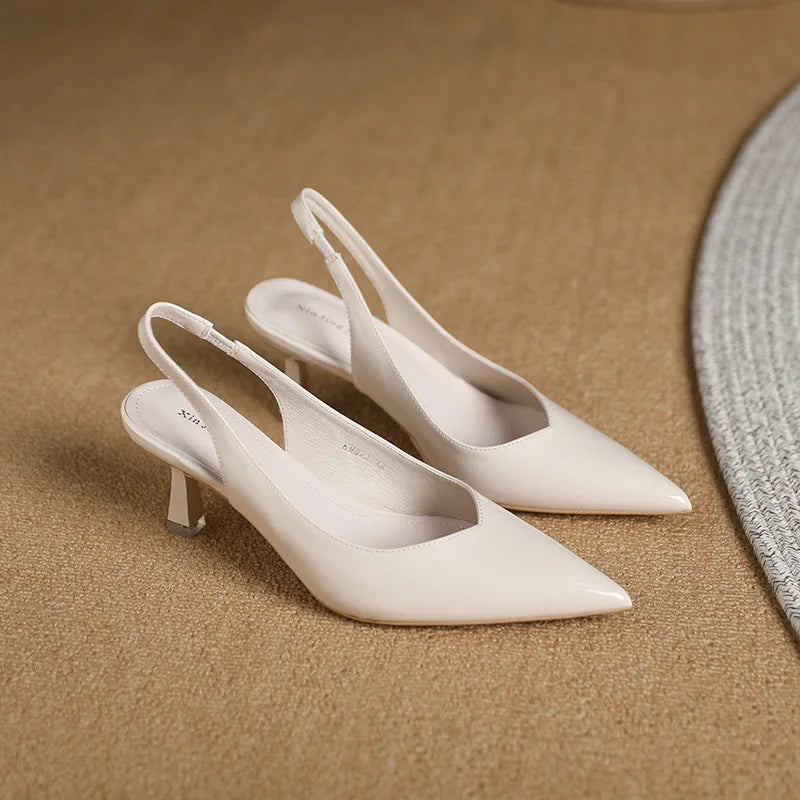 Elegant Slingback High Heels Sandals Woman Rear-Strap Shoes Office Dress Shiny Leather Pumps Pointed Toe Cut-Out Tacones