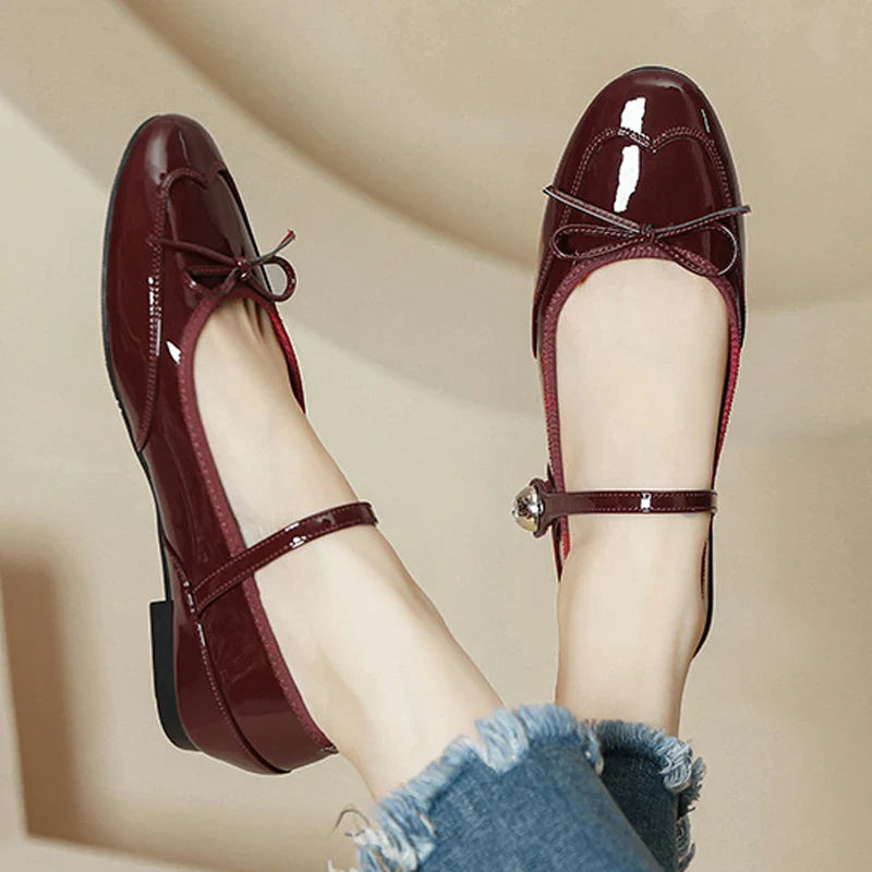 Hook&Loop Flats Mary Janes Round Toe Bowtie Ballets Shoes Red Japanned Leather Loafers Daily Office Mocassines