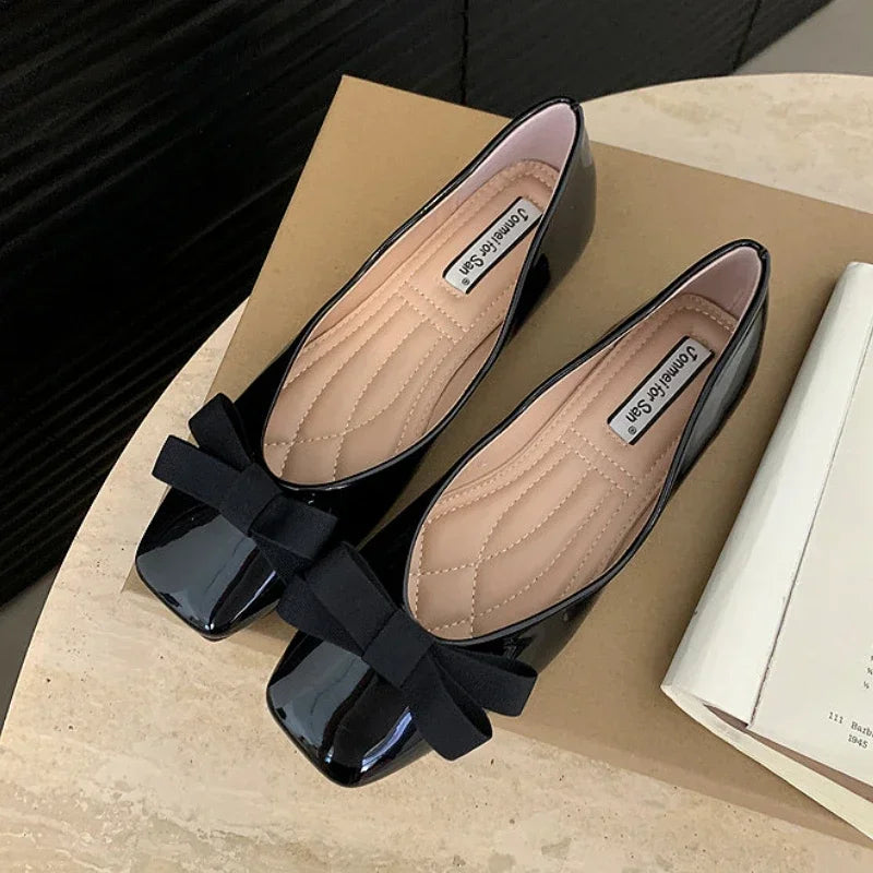 Mary Jane Shoes Square Toe Flats Shallow Dress Shoe Butterfly Knot Patent Leather Soft Soled Ballet Shoes