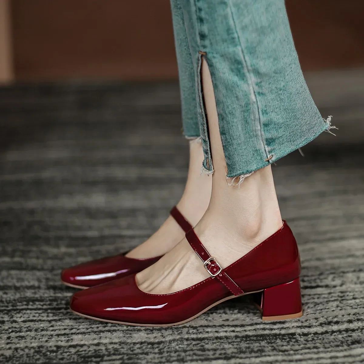Buckle Mary Janes Shoes Patent Leather High Heels Pumps Retro Shoe Black Red