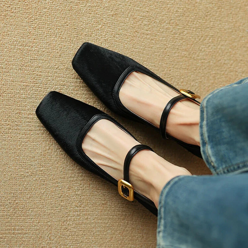 Toe Chunky Heel Shoes Horsehair Leopard Shoes