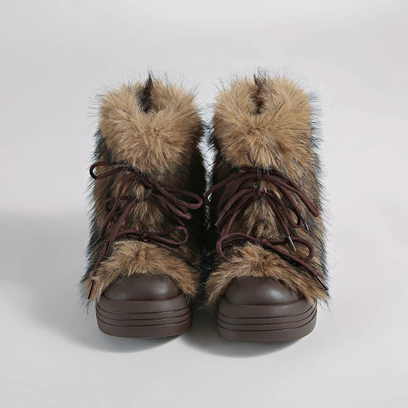 Furry Lace Up Snow Boots Concise Height Increase Shoes Thick Sole Warm Cotton Short Booties Zapatos De Muje
