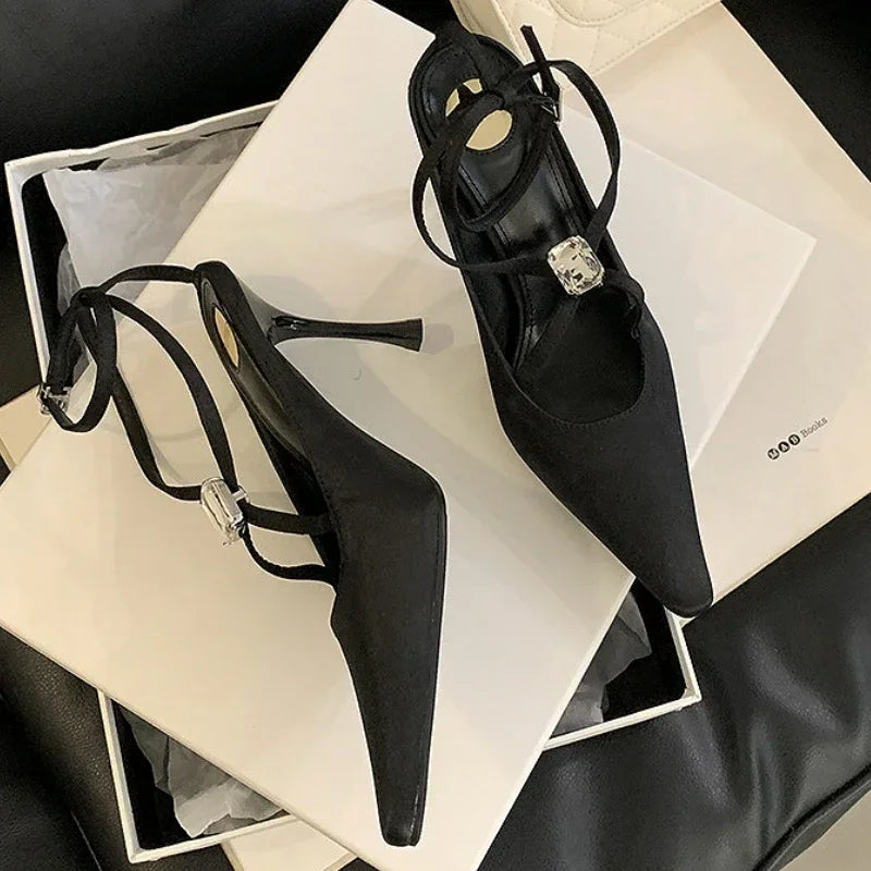 Diamond Silk Thin High Heels Cross-Strap Banquet Crystal Brand Pointed Toe Sandals