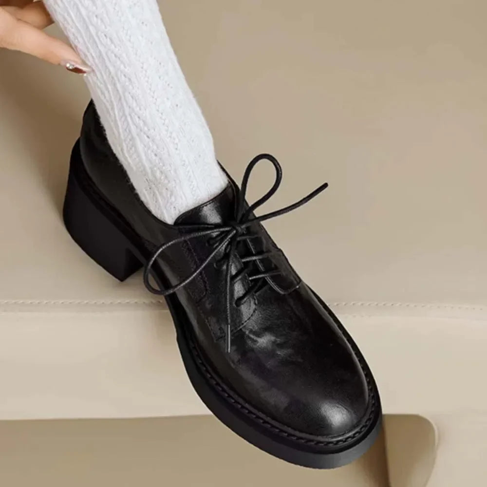 Womens Cowhide Lace Up Flat Shoes Oxford Round Toe Retro British High-Quality Soft Comfortable All Season Daily Shoes