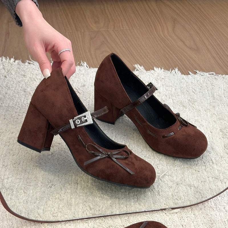 Thick Heel Mary Jane Shoes Rhinestone Buckle Strap Shoes Outdoor Elegant Dress Pumps