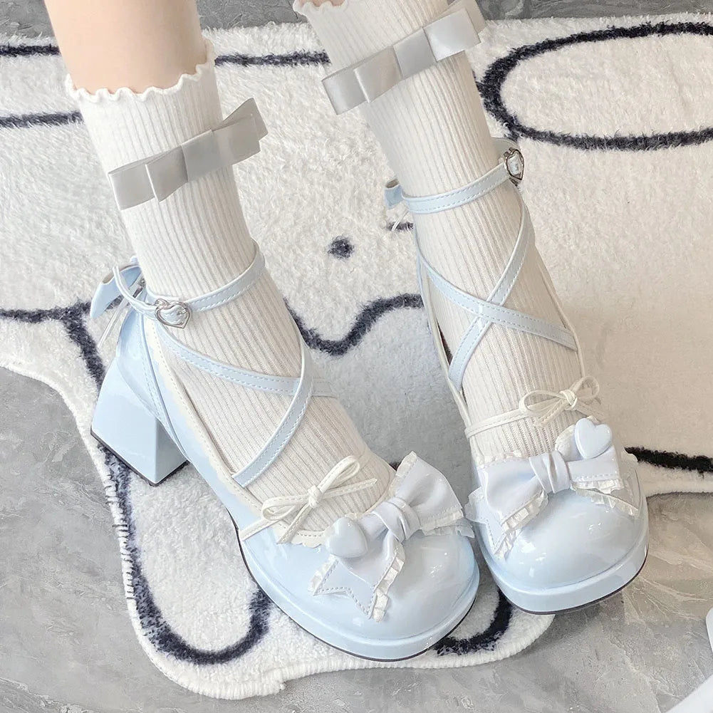 Lolita Bow Bow Decor Pumps Platform Chunky High Heels Ankle Strap Sweet Cute Elegant Pumps