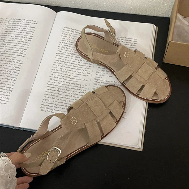 Roman Sandals Flat Retro Real Leather Sandals Hollowed Cage Shoes
