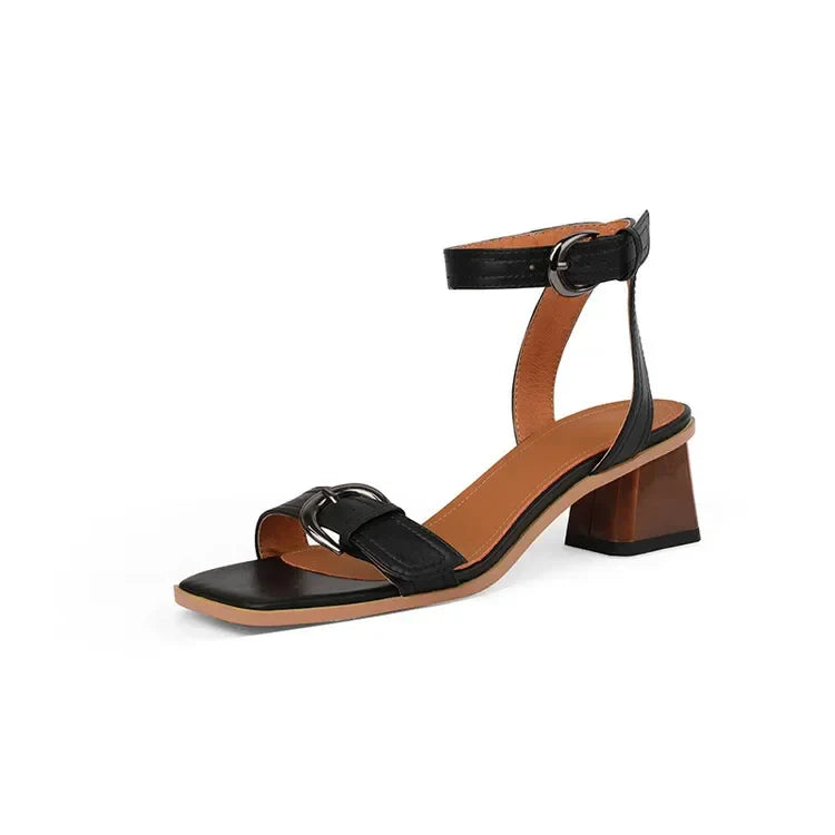 Shoes Square Toe Chunky Heel Cow Leather High Heels Solid Band Shoes Casual Black Shoes