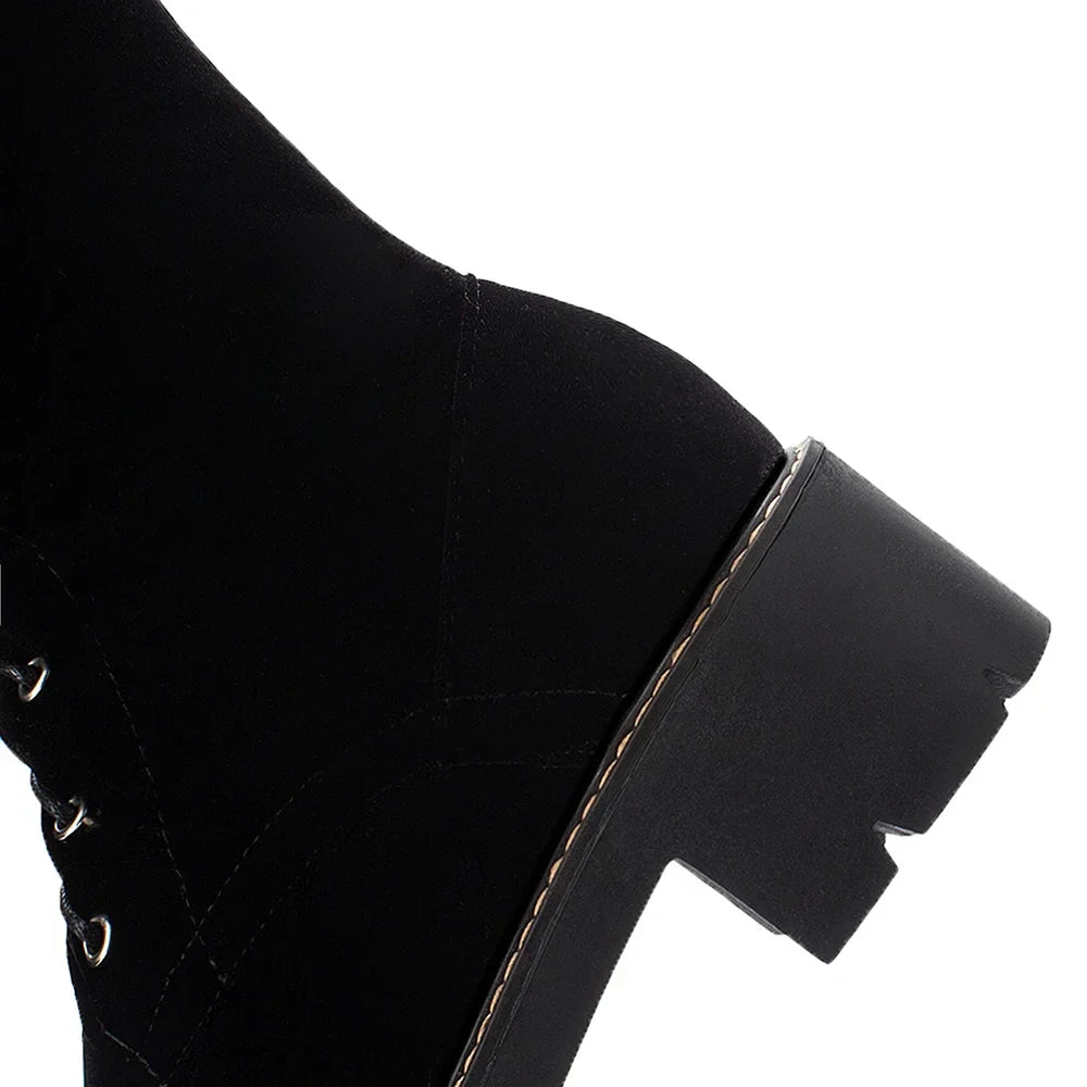Lace-up Shoes Snow Boots Real Fur Boots Knee High Suede Thick Heel Warm Outdoor with Zip Big Size 43