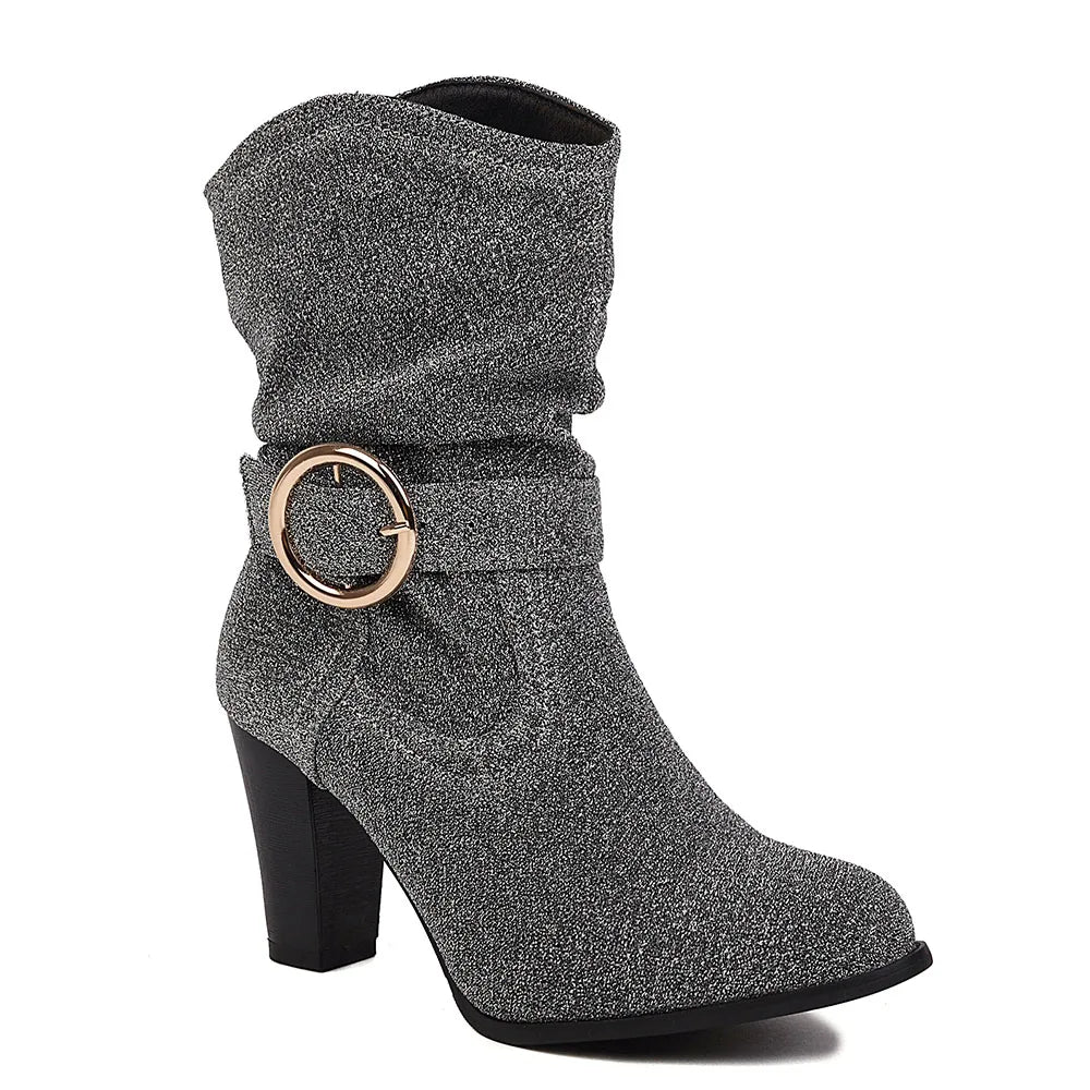 Pointed Toe Square Root Mid-Calf Boots Shiny Buckle Party Shoes Woman