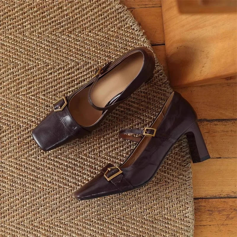 Metal Buckle Decoration Mary Jane Shoes Comfortable Leather High Heels Elegant Chunky Heel Zapatos De Mujer