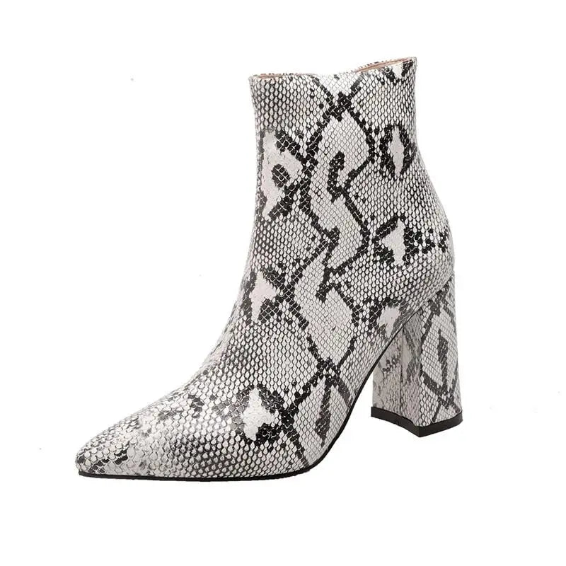 Snake Print Pu Leather Ankle Boots Zip Pointed Toe Footwear Block High Heels Boot Party Shoes 43