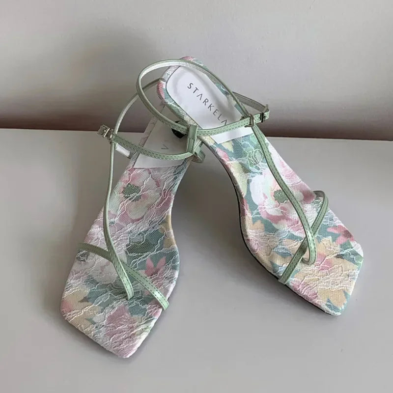 High Quality Original Elegant Satin Floral Design Heels Ankle-Wrap Clip Toe