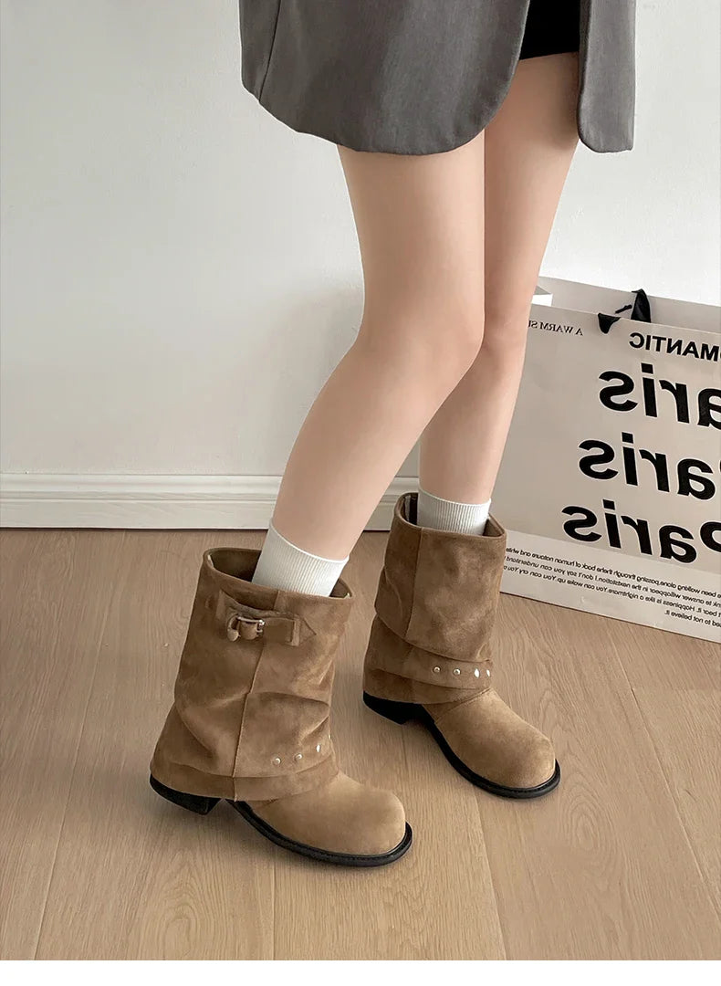 Pleated Western Ankle Boots Rivet Belt Buckle Shoes Concise Vintage Thick Heel Short Booties
