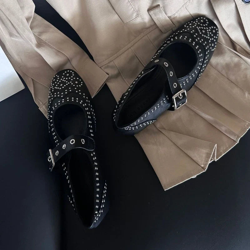 Retro Rivet Mary Jane Shoes Belt Buckle Round Toe Ballet Flats Comfortable Soft Sole Flat Shoes Zapatos De Mujer
