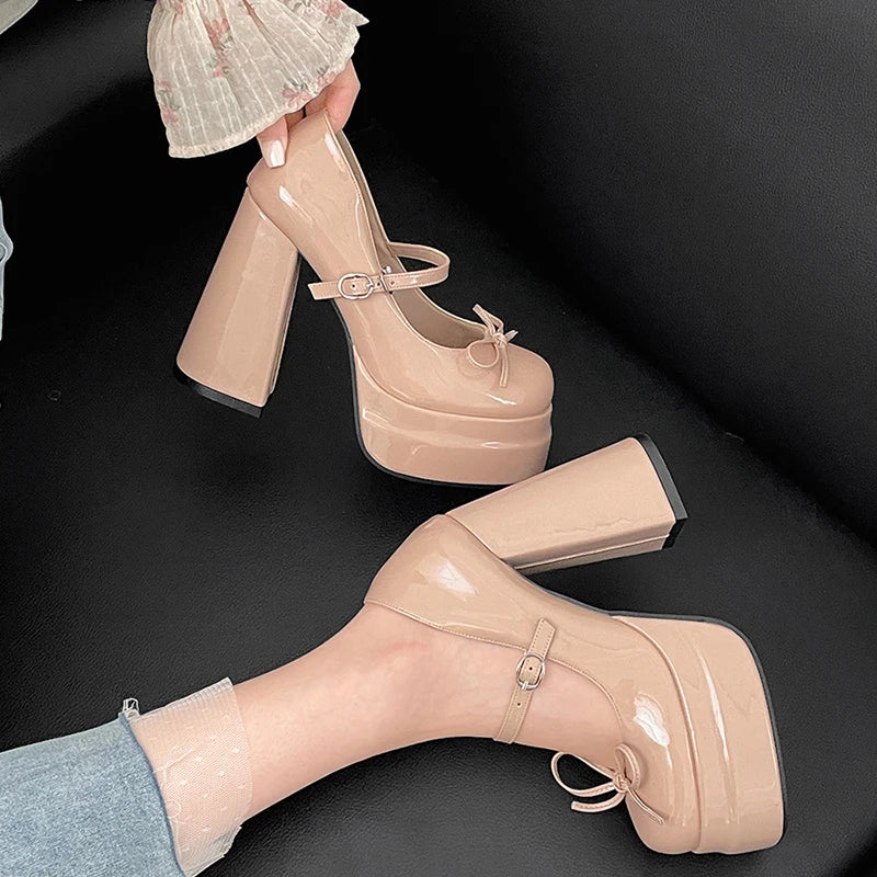 Platform Thick Heel Mary Jane Shoes Butterfly-knot Shoes Outdoor Dress Pumps