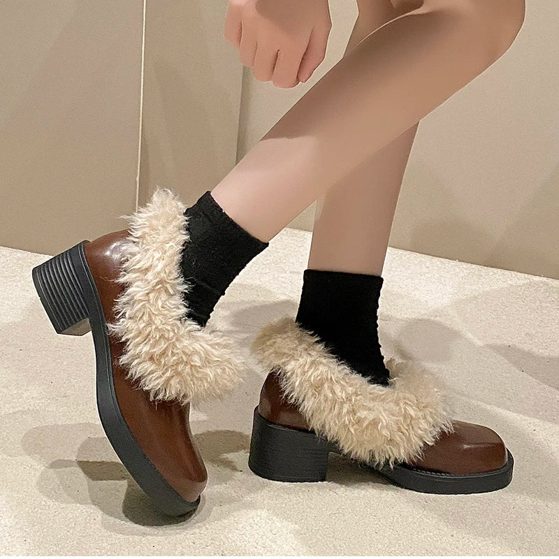 Fur Lining Mary Jane Shoes Elegant Square Toe Slip 2026 Keep Warm Thick Heel Single Shoes