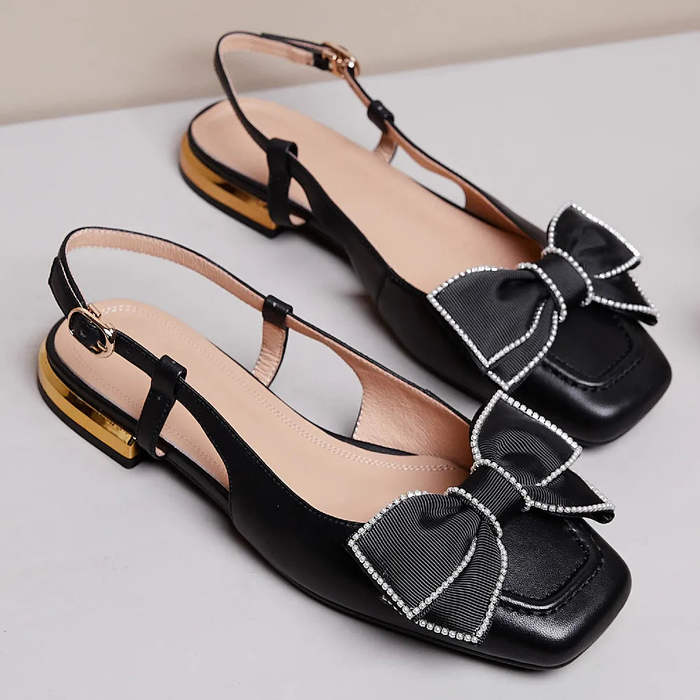 genuine leather slingback slip-on flats sandals square toe sweet bowtie korean style flats sandalias shoes