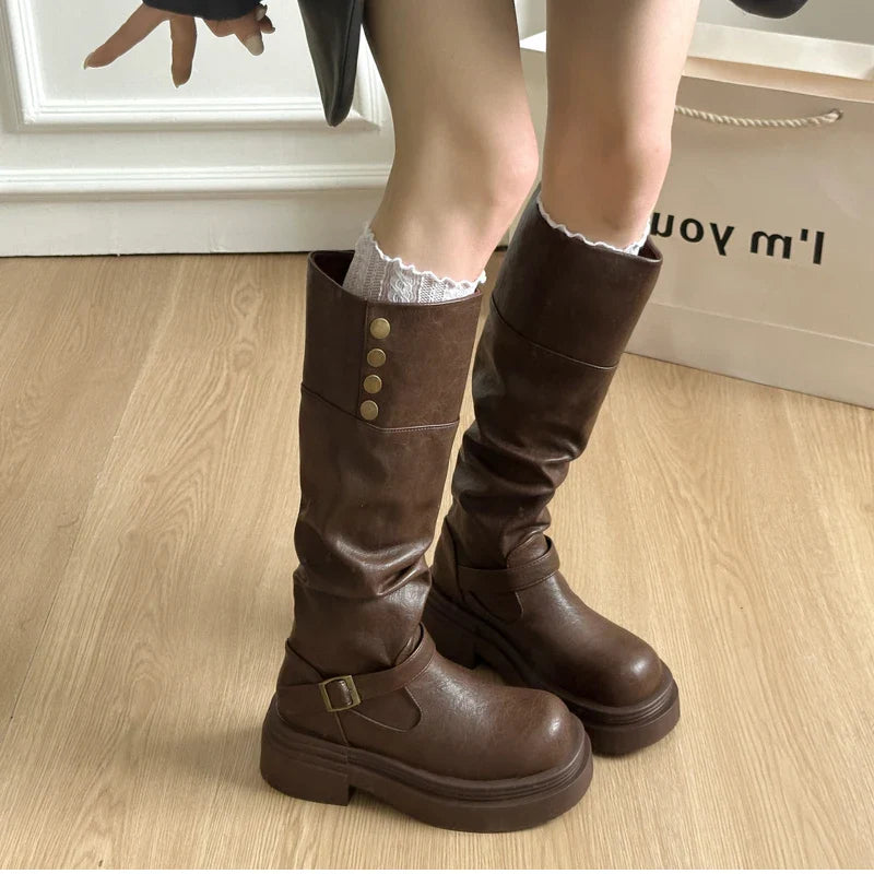 Platform Thick Bottom Woman Knee High Boots Shoes Elegant Belt Buckle Knight Booties