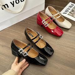 Shoes Red Elegant Mary Jane Shoes Square Heel Casual Dress Outdoor Ballerinas